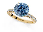 Open Basket Engagement Ring Setting for Fancy Blue Round Cut Center with Pave Band and Prong Head in Yellow Gold