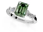 3 Stone Engagement Ring Setting for Fancy Green Emerald Cut Center with Channel Baguette Accents and Prong Head in Sterling Silver
