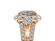 Halo Engagement Ring Setting for Emerald Cut Center with Two-Strand Split Shank and Prong Head in Rose Gold