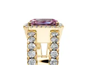 Halo Engagement Ring Setting for Fancy Pink Emerald Cut Center with Wide-Open Pave Split Shank and Prong Head in Yellow Gold