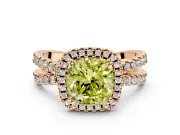 Halo Engagement Ring Setting for Fancy Yellow Cushion Cut Center with Double Pave Split Shank and Prong Head in Rose Gold