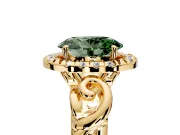 Halo Engagement Ring Setting for Fancy Green Oval Center with Open Scroll Shoulders and Prong Head in Yellow Gold