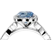 Halo Engagement Ring Setting for Fancy Blue Cushion Cut Center with Pave and Plain Twist Band and Prong Head in Sterling Silver
