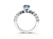 Shared-Prong Engagement Ring Setting for Fancy Blue Cushion Cut Center with Graduated Accents and Prong Head in Platinum