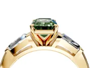 3 Stone Engagement Ring Setting for Fancy Green Emerald Cut Center with Tapered Baguettes, Plain Band and Prong Head in Yellow Gold