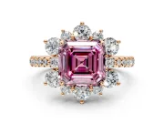 Floral Halo Engagement Ring Setting for Fancy Pink Asscher Cut Center with Pave Accents and Prong Head in Rose Gold