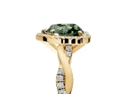 Halo Engagement Ring Setting for Fancy Green Heart-Shaped Center with Pave and Plain Twist Band and Prong Head in Yellow Gold