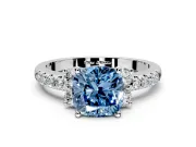 Paired Accent Engagement Ring Setting for Fancy Blue Cushion Cut Center with Pave Band and Prong Head in Platinum