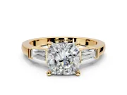 3 Stone Engagement Ring Setting for Cushion Cut Center with Channel Baguette Accents and Prong Head in Yellow Gold