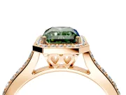 Halo Engagement Ring Setting for Fancy Green Radiant Cut Center with Pave Accents, Heart Basket and Prong Head in Rose Gold