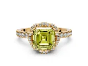 Halo Engagement Ring Setting for Fancy Yellow Asscher Cut Center with Openwork Halo, Pave Band and Prong Head in Yellow Gold