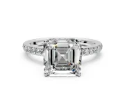 Solitaire Engagement Ring Setting for Asscher Cut Center with Fine Pave Band and Prong Head in Platinum