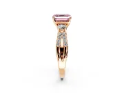 3 Stone Engagement Ring Setting for Fancy Pink Asscher Cut Center with Pave Split Shank and Prong Head in Rose Gold