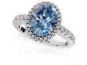 Accent Halo Engagement Ring Setting for Fancy Blue Oval Center with Full-Length Pave Band and Prong Head in White Gold