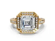 Halo Engagement Ring Setting for Asscher Cut Center with Framed Halo, Pave Band and Prong Head in Yellow Gold