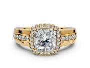 Halo Engagement Ring Setting for Cushion Cut Center with Wide Band, Inlaid Accent Row and Prong Head in Yellow Gold