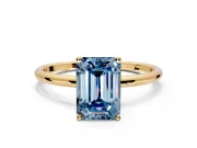 Solitaire Engagement Ring Setting for Fancy Blue Emerald Cut Center with Straight Thin Band and Prong Head in Yellow Gold