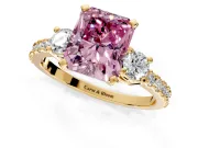 3 Stone Engagement Ring Setting for Fancy Pink Radiant Cut Center with Round Cut Side Accents and Prong Head in Yellow Gold