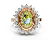 Halo Engagement Ring Setting for Fancy Yellow Oval Center with Milgrain Bezel Rim, Plain Band and Prong Head in Rose Gold