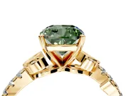 Leaf Motif Engagement Ring Setting for Fancy Green Cushion Cut Center with Pave Band and Prong Head in Yellow Gold