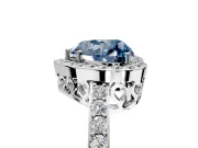 Halo Engagement Ring Setting for Fancy Blue Heart-Shaped Center with Heart-Shaped Openwork, Pave Band and Prong Head in Platinum