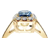 Floral Halo Engagement Ring Setting for Fancy Blue Emerald Cut Center with Large Halo Accents and Prong Head in Yellow Gold
