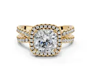Halo Engagement Ring Setting for Cushion Cut Center with Double Pave Split Shank and Prong Head in Yellow Gold