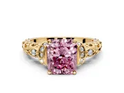 Solitaire Engagement Ring Setting for Fancy Pink Radiant Cut Center with Filigree Band and Prong Head in Yellow Gold