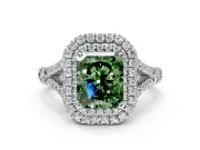 Double Halo Engagement Ring Setting for Fancy Green Radiant Cut Center with Narrow Pave Split Shank and Prong Head in White Gold
