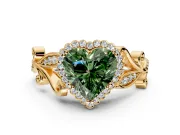Halo Engagement Ring Setting for Fancy Green Heart-Shaped Center with Leaf Motif Split Shank and Prong Head in Yellow Gold