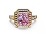 Halo Engagement Ring Setting for Fancy Pink Emerald Cut Center with Outer Bezel Rim, Pave Band and Prong Head in Yellow Gold