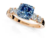 5 Stone Engagement Ring Setting for Fancy Blue Cushion Cut Center with Plain Band and Prong Head in Rose Gold