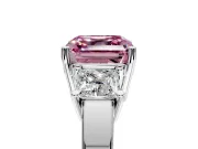 3 Stone Engagement Ring Setting for Fancy Pink Asscher Cut Center with Matching Side Accents and Prong Head in Platinum