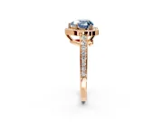 Bezel-Framed Halo Engagement Ring Setting for Fancy Blue Heart-Shaped Center with Pave Band and Prong Head in Rose Gold