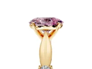 Solitaire Engagement Ring Setting for Fancy Pink Oval Center with Carved Leaf Shoulders and Prong Head in Yellow Gold