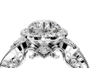 Milgrain Halo Engagement Ring Setting for Round Cut Center with Shoulder Bezels and Prong Head in Sterling Silver