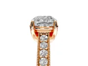 Solitaire Engagement Ring Setting for Cushion Cut Center with Milgrain-Framed Pave Band and Prong Head in Rose Gold