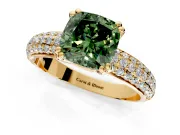 Solitaire Engagement Ring Setting for Fancy Green Cushion Cut Center with Multi-Row Pave Accents and Basket Head in Yellow Gold