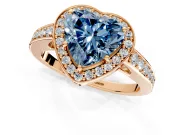 Bezel-Framed Halo Engagement Ring Setting for Fancy Blue Heart-Shaped Center with Pave Band and Prong Head in Rose Gold