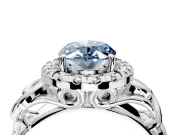 Halo Engagement Ring Setting for Fancy Blue Oval Center with Open Scroll Shoulders and Prong Head in Platinum