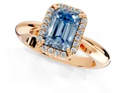 Halo Engagement Ring Setting for Fancy Blue Emerald Cut Center with Tapered Plain Band and Prong Head in Rose Gold