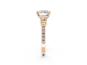 3 Stone Engagement Ring Setting for Radiant Cut Center with Round Cut Side Accents and Prong Head in Rose Gold