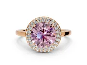 Halo Engagement Ring Setting for Fancy Pink Round Cut Center with Plain Tapered Band and Prong Head in Rose Gold