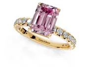 Solitaire Engagement Ring Setting for Fancy Pink Emerald Cut Center with Shared-Prong Accents and Prong Head in Yellow Gold