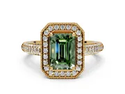 Milgrain Halo Engagement Ring Setting for Fancy Green Emerald Cut Center with Three-Sided Pave Band and Prong Head in Yellow Gold
