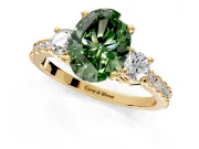 3 Stone Engagement Ring Setting for Fancy Green Oval Center with Round Cut Side Accents and Prong Head in Yellow Gold