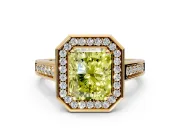 Halo Engagement Ring Setting for Fancy Yellow Radiant Cut Center with Outer Bezel Rim, Pave Band and Prong Head in Yellow Gold