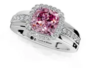 Halo Engagement Ring Setting for Fancy Pink Cushion Cut Center with Wide Band, Inlaid Accent Row and Prong Head in White Gold
