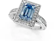 Halo Engagement Ring Setting for Fancy Blue Emerald Cut Center with Framed Halo, Pave Band and Prong Head in White Gold