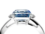 3 Stone Engagement Ring Setting for Fancy Blue Asscher Cut Center with Low-Set Round Cut Accents and Prong Head in Platinum